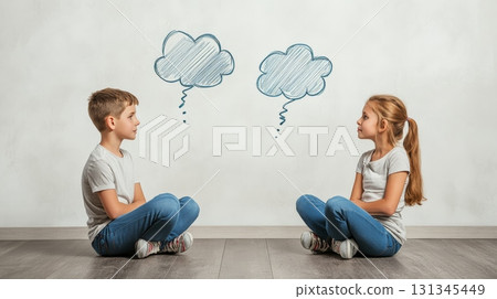 Boy and girl sitting on the floor facing each other with thought and speech bubbles above them, symbolizing communication, questioning, and sharing ideas 131345449