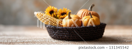 Woven basket brimming with vibrant pumpkins, an ear of corn, and cheerful sunflowers forms a festive autumn still life on a rustic wooden table, celebrating the warmth of the season Woven basket brimming with vibrant pumpkins, an ear of corn, and cheerful sunflowers forms a festive autumn still life on a rustic wooden table, celebrating the warmth of the season 131345542