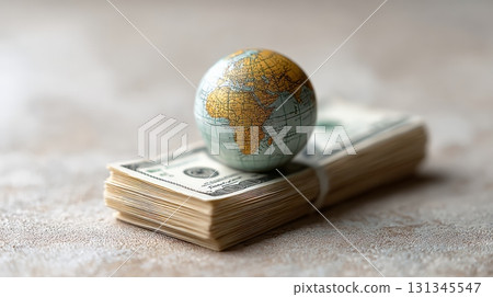 Small globe is placed on a stack of dollar bills representing the interconnectedness of global finance, international trade, and economic power 131345547