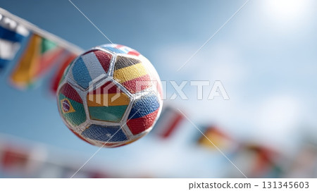 Soccer ball with flags of different countries hanging from a string against a blue sky representing international soccer competition and global unity 131345603