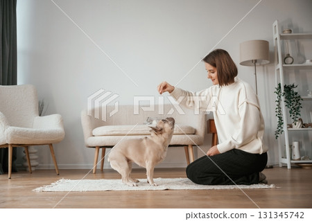 Training, teaching tricks. Young woman is with her pug dog at home Training, teaching tricks. Young woman is with her pug dog at home 131345742