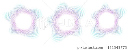 Sound equalizer icons with lines and dots, gradient neon circular sound wave frames, abstract radial music icons. 131345773