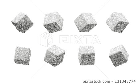 Abstract cubes with photocopy grain texture. Vintage halftone stipple effect in 3D geometric shapes. Minimal black and white vector design for poster, background, and decoration Abstract cubes with photocopy grain texture. Vintage halftone stipple effect in 3D geometric shapes. Minimal black and white vector design for poster, background, and decoration 131345774