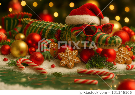 Crocodile wearing Santa hat and red sunglasses surrounded by Christmas ornaments, candy canes, gingerbread cookies, and fir branches on snow. Christmas and winter holiday celebration concept. Crocodile wearing Santa hat and red sunglasses surrounded by Christmas ornaments, candy canes, gingerbread cookies, and fir branches on snow. Christmas and winter holiday celebration concept. 131346166