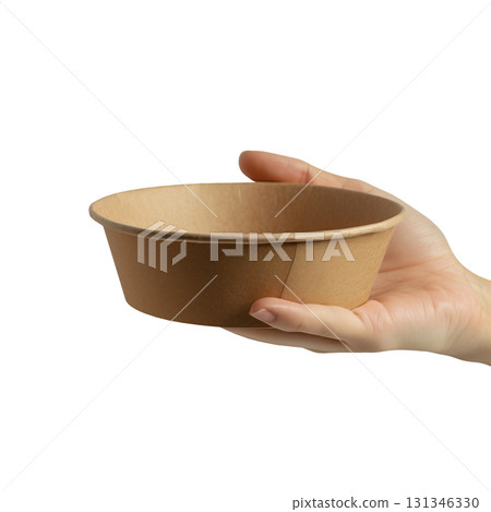Hand holding a mockup empty brown takeaway paper bowl, isolated on a transparent background. Hand holding a mockup empty brown takeaway paper bowl, isolated on a transparent background. 131346330