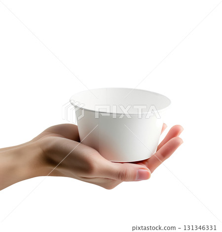 Hand holding a mockup empty white takeaway paper bowl, isolated on a transparent background. Hand holding a mockup empty white takeaway paper bowl, isolated on a transparent background. 131346331