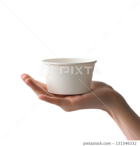 Hand holding a mockup empty white takeaway paper bowl, isolated on a transparent background. 131346332