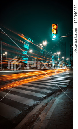 Long Exposure City Street View with Zebra Crossing and Traffic Light 131346381