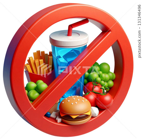 No food or drink allowed sign, red circle border, red slash mark 131346496
