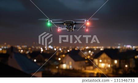 Unidentified drones flying in the sky, raising concerns of privacy and security surveillance 131346733
