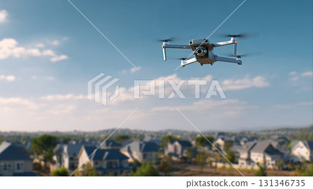 Unidentified drones flying in the sky, raising concerns of privacy and security surveillance 131346735