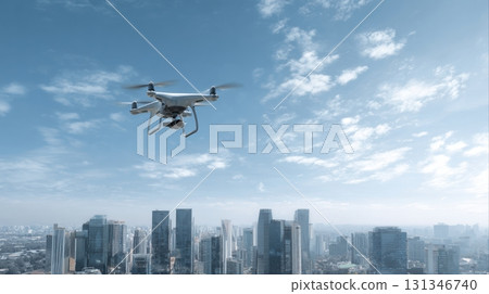 Unidentified drones flying in the sky, raising concerns of privacy and security surveillance 131346740