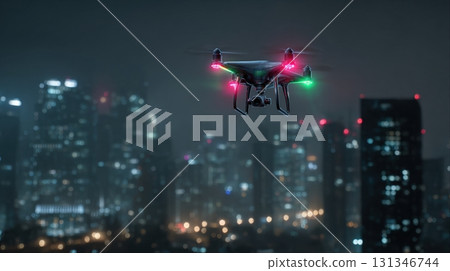 Unidentified drones flying in the sky, raising concerns of privacy and security surveillance 131346744