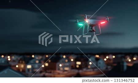 Unidentified drones flying in the sky, raising concerns of privacy and security surveillance 131346752