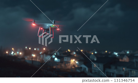 Unidentified drones flying in the sky, raising concerns of privacy and security surveillance 131346754