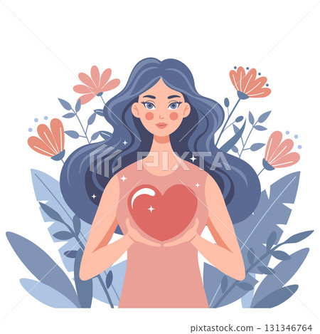 Beautiful woman holding a heart. Self love and compassion concept. Illustration. Beautiful woman holding a heart. Self love and compassion concept. Illustration. 131346764