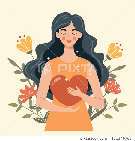Beautiful woman holding a heart. Self love and compassion concept. Illustration. Beautiful woman holding a heart. Self love and compassion concept. Illustration. 131346765