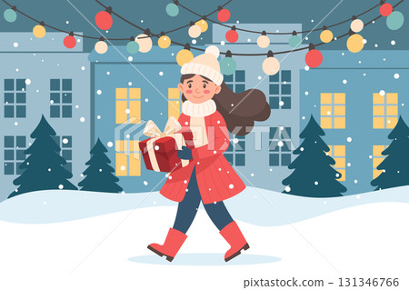 Happy girl with gifts on a snowy city street. Festive design with winter mood and garlands. Merry Christmas card. Illustration. Happy girl with gifts on a snowy city street. Festive design with winter mood and garlands. Merry Christmas card. Illustration. 131346766