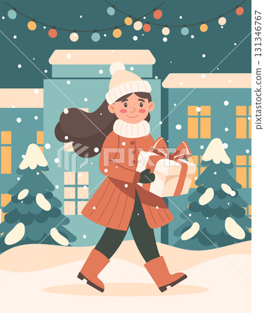 Happy girl with gifts on a snowy city street. Festive design with winter mood and garlands. Merry Christmas card. Illustration. Happy girl with gifts on a snowy city street. Festive design with winter mood and garlands. Merry Christmas card. Illustration. 131346767