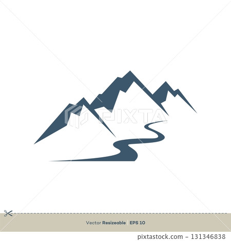 Volcano Mountain and Creek Line Vector Logo Template Illustration Design 131346838