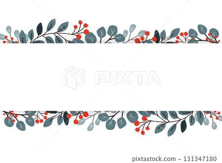 A white banner or background with empty space for text in a frame of winter branches and red berries. A horizontal banner for your advertising. A winter greeting card. Winter holiday season. 131347180