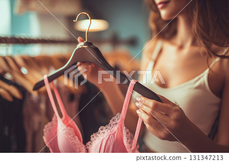 A young woman selects new underwear at a lingerie store. The woman holds a rack of underwear while standing in the store. 131347213