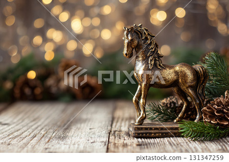 A bronze horse statue sits on a wooden table surrounded by fir branches and pine cones. Copy space is provided with a golden bokeh background. Christmas and New Year 2026 131347259