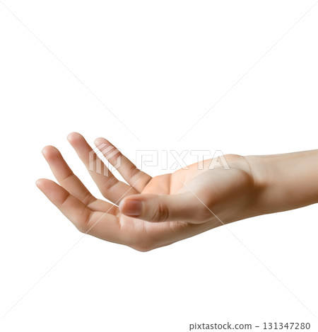 Mock-up of empty hand, open palm up, holding gesture isolated on a transparent background. Mock-up of empty hand, open palm up, holding gesture isolated on a transparent background. 131347280