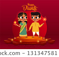 Festive Kids Standing in Happy Diwali 3D Podium Stage with Diyas Oil Lamp 131347581