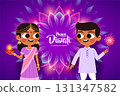 Festive Kids in Indian Traditional Dress in Happy Diwali Luminous Flower Rangoli 131347582