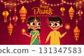 Festive Kids in Indian Traditional Dress for Diwali Celebration Lantern Background 131347583