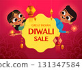 Great Indian Diwali Gift Tag with Happy Children and Lantern Decorations 131347584