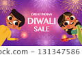 Great Indian Diwali Sale with Happy Children in Fireworks Background 131347586