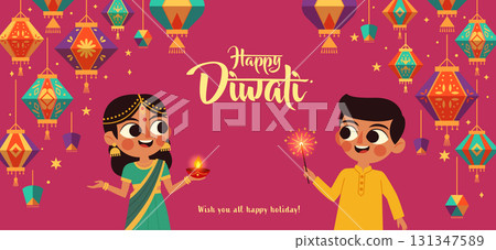 Festive Kids in Indian Traditional Dress for Diwali Celebration Lantern Background 131347589
