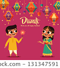 Festive Kids in Indian Traditional Dress for Diwali Celebration Lantern Background 131347591