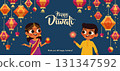 Festive Kids in Indian Traditional Dress for Diwali Celebration Lantern Background 131347592