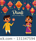 Festive Kids in Indian Traditional Dress for Diwali Celebration Lantern Background 131347594