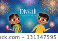 Children in Traditional Clothes in Diwali Night Fireworks Background 131347595