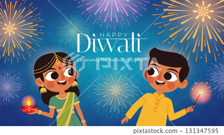 Children in Traditional Clothes in Diwali Night Fireworks Background Children in Traditional Clothes in Diwali Night Fireworks Background 131347595