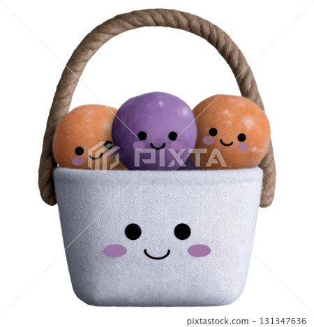 Cute Halloween themed basket with smiling orange and purple round characters, evoking playful and festive mood Cute Halloween themed basket with smiling orange and purple round characters, evoking playful and festive mood 131347636