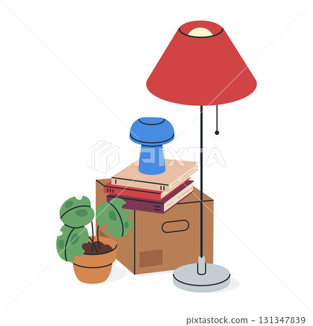 Moving stuff. Cardboard box with pot plants and books, stacked cargo moving box with personal goods flat vector illustration. New home moving box Moving stuff. Cardboard box with pot plants and books, stacked cargo moving box with personal goods flat vector illustration. New home moving box 131347839