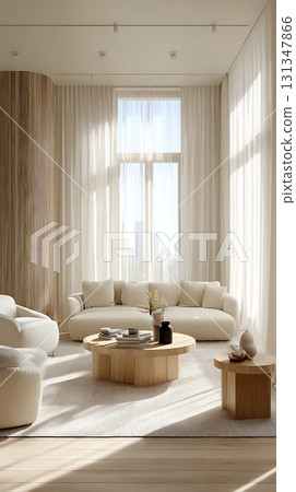 Bright and Airy Neutral Living Room with Modern Furniture and Sheer Curtains 131347866