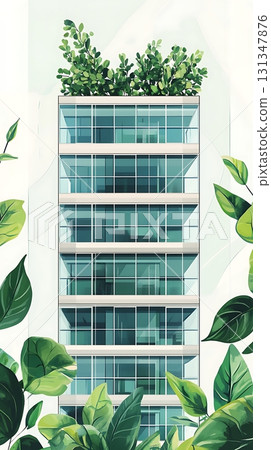 Contemporary Glass Building with Rooftop Garden and Lush Tropical Greenery Accents 131347876