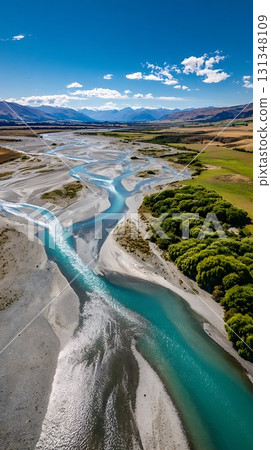 Braided River Flowing Through New Zealand Landscape, Aerial View on Sunny Day 131348109
