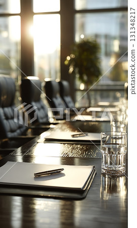 Conference Room Table with Pen, Paper, and Water Glass at Sunset Conference Room Table with Pen, Paper, and Water Glass at Sunset 131348217