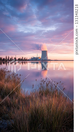Cooling Tower at Sunset Reflected on Lake with Tall Grass in Foreground 131348218