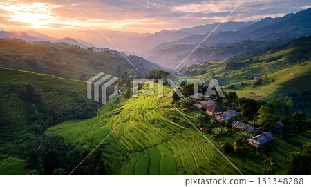 Vietnamese Rice Terraces and Villages at Sunset Golden Hour View Vietnamese Rice Terraces and Villages at Sunset Golden Hour View 131348288