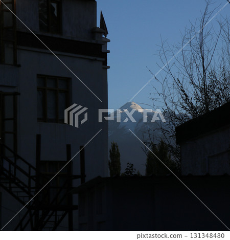 Snow capped peak in Ladakh at sunset, Leh, India. 131348480