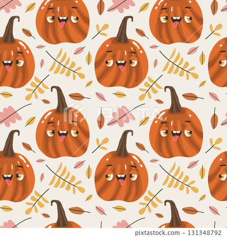 Seamless pattern with funny pumpkin characters and orange, yellow and brown leaves on a light background 131348792