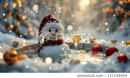 Snowman in Santa hat relaxing in hot tub with champagne at Christmas party 131348984